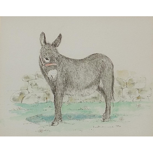 356 - Donkeys, two ink and watercolours, one signed Battram, mounted, framed and glazed, the largest 33.5c... 