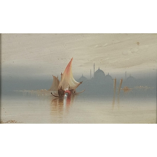 338 - Boats on water before temples, Middle Eastern oil, indistinctly signed, mounted, framed and glazed, ... 