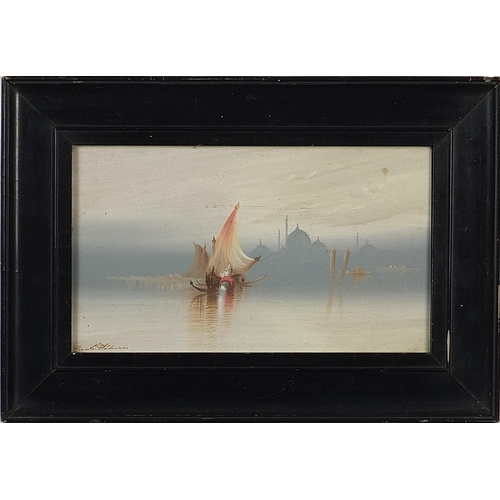 338 - Boats on water before temples, Middle Eastern oil, indistinctly signed, mounted, framed and glazed, ... 