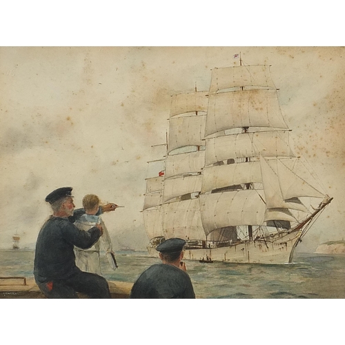 354 - Sailors before water and boats, maritime watercolour, indistinctly signed, possibly Matcham, framed ... 