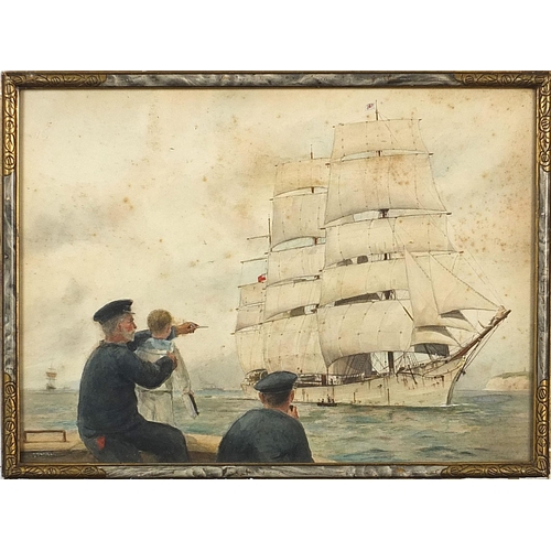 354 - Sailors before water and boats, maritime watercolour, indistinctly signed, possibly Matcham, framed ... 