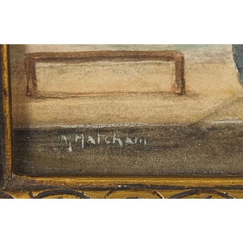 354 - Sailors before water and boats, maritime watercolour, indistinctly signed, possibly Matcham, framed ... 