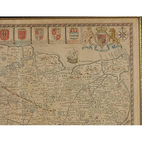 291 - John Speed, Antique hand coloured map of Kent, framed and glazed, 53.5cm x 41.5cm excluding the fram... 