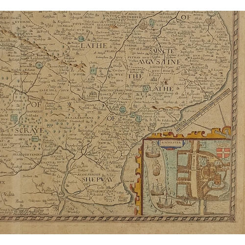 291 - John Speed, Antique hand coloured map of Kent, framed and glazed, 53.5cm x 41.5cm excluding the fram... 