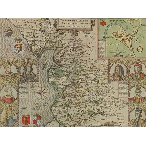 289 - John Speed, Antique hand coloured map of Lancaster, framed and glazed, 55cm x 42cm excluding the fra... 
