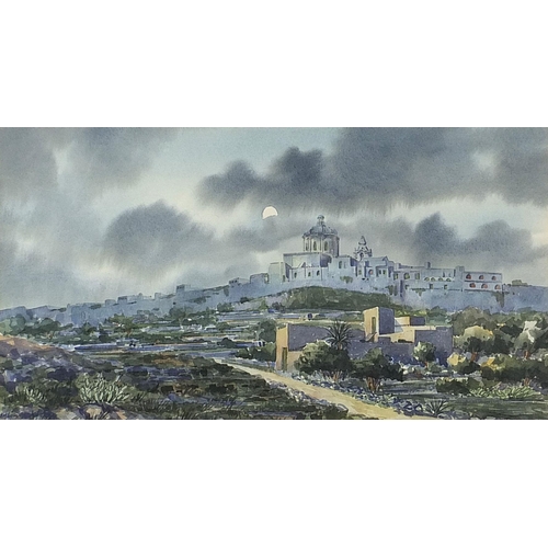 96 - A M Galea - Valletta, Malta, watercolour, mounted, framed and glazed, 52cm x 29cm excluding the moun... 