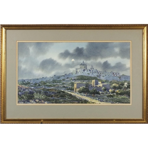 96 - A M Galea - Valletta, Malta, watercolour, mounted, framed and glazed, 52cm x 29cm excluding the moun... 