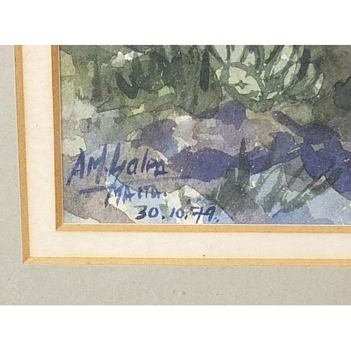 96 - A M Galea - Valletta, Malta, watercolour, mounted, framed and glazed, 52cm x 29cm excluding the moun... 