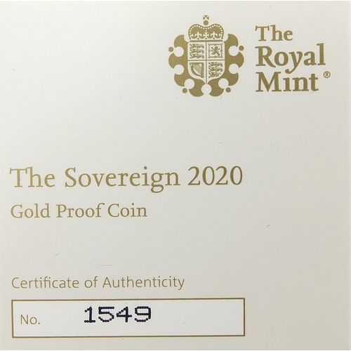 2239 - Elizabeth II 2020 gold proof sovereign with box and certificate numbered 1549