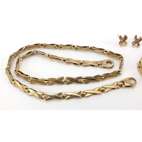 1606 - 9ct gold X link necklace, bracelet and earrings, the necklace 40cm in length, the necklace 36cm, the... 
