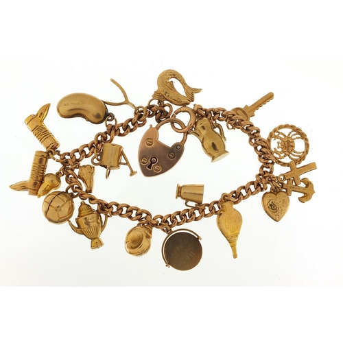 1585 - 9ct gold charm bracelet with a selection of mostly 9ct gold charms including faith, hope and charity... 