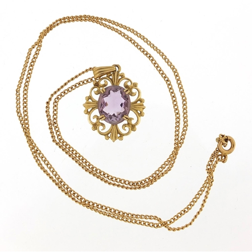 1625 - 9ct gold amethyst pendant on 9ct gold necklace, 3cm high and 56cm in length, 6.6g