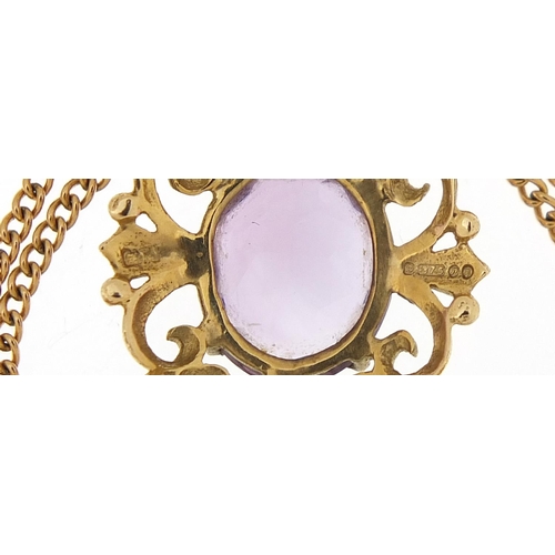 1625 - 9ct gold amethyst pendant on 9ct gold necklace, 3cm high and 56cm in length, 6.6g