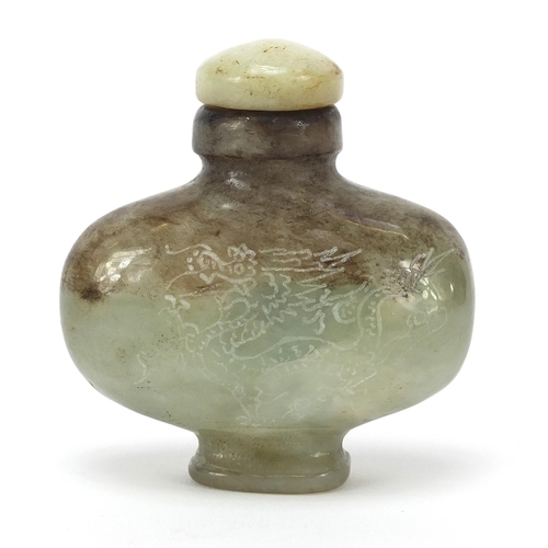 304 - Chinese jade snuff bottle carved with a dragon and calligraphy, 6cm high