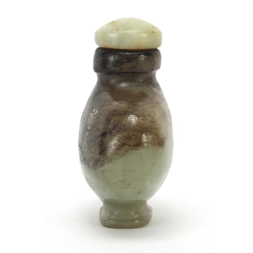 304 - Chinese jade snuff bottle carved with a dragon and calligraphy, 6cm high