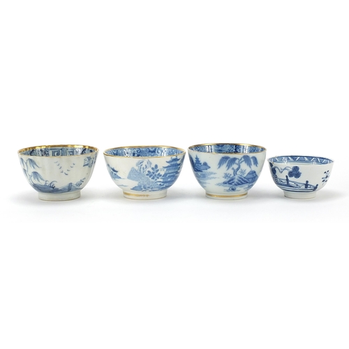 71 - 19th century English blue and white porcelain decorated in the chinoiserie manner comprising five te... 