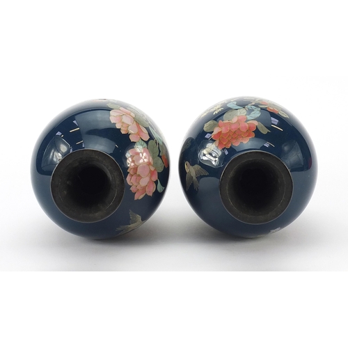6 - Pair of Japanese cloisonne vases enamelled with birds amongst flowers, each 25cm high