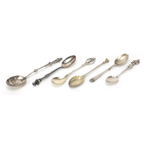 2222 - Six silver spoons, some with figural terminals including Napoleon and a Tudor rose, various hallmark... 