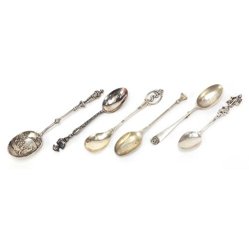 2222 - Six silver spoons, some with figural terminals including Napoleon and a Tudor rose, various hallmark... 