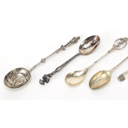 2222 - Six silver spoons, some with figural terminals including Napoleon and a Tudor rose, various hallmark... 