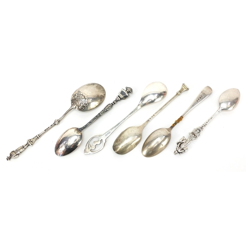 2222 - Six silver spoons, some with figural terminals including Napoleon and a Tudor rose, various hallmark... 