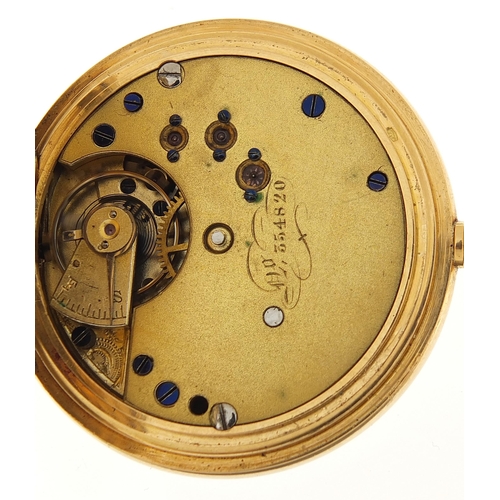 1590 - Ladies 18ct gold half hunter pocket watch, housed in a T & E Rhodes fitted box, 38mm in diameter, 55... 