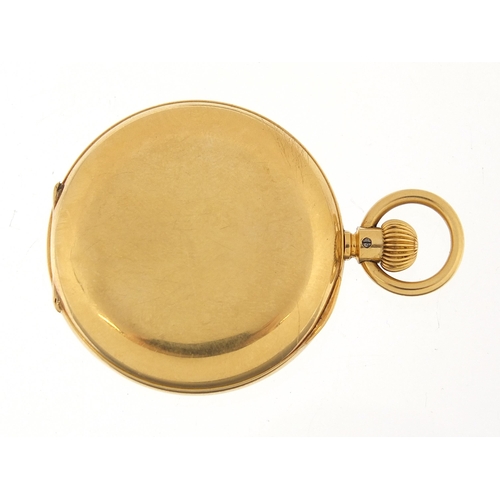 1590 - Ladies 18ct gold half hunter pocket watch, housed in a T & E Rhodes fitted box, 38mm in diameter, 55... 