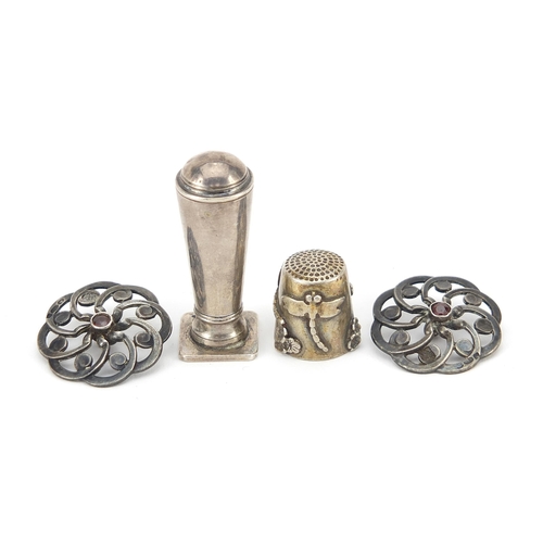 2189 - Silver objects  comprising a pair of Victorian design garnet buttons, desk seal and dragonfly thimbl... 