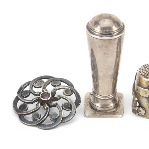 2189 - Silver objects  comprising a pair of Victorian design garnet buttons, desk seal and dragonfly thimbl... 