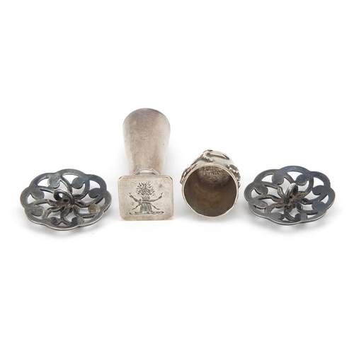 2189 - Silver objects  comprising a pair of Victorian design garnet buttons, desk seal and dragonfly thimbl... 