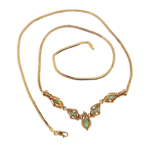 1600 - 9ct gold diamond and emerald necklace, 44cm in length, 6.2g