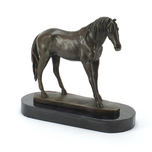 112 - Patinated bronze horse raised on a black slate base, 33cm in length