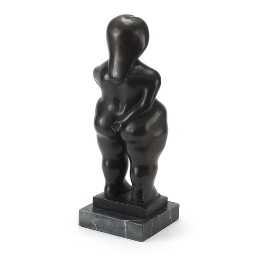 208 - Patinated bronze study of a nude female in the style of Fernando Botero, raised on a square black ma... 