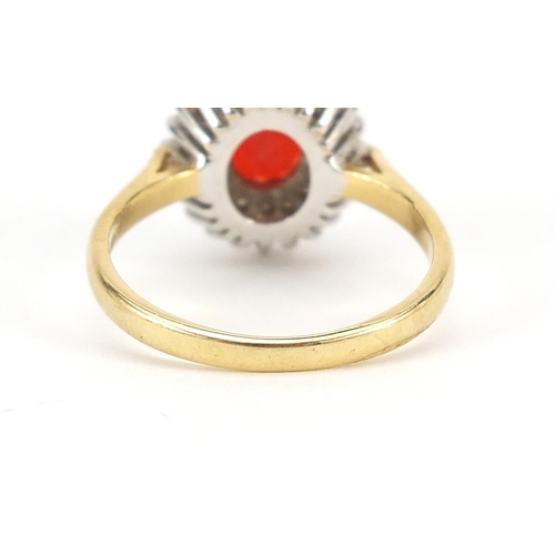 1618 - 18ct gold orange stone and diamond cluster ring, possibly fire opal, size P, 5.0g