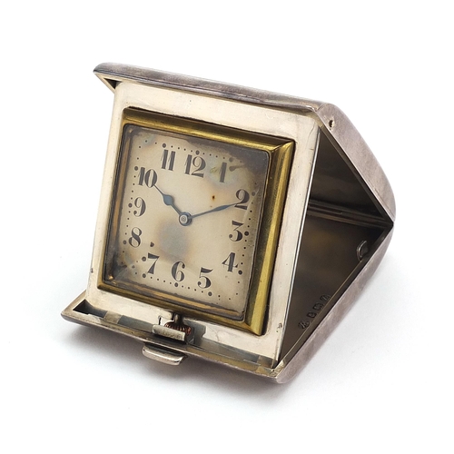 2182 - Art Deco silver cased folding travel watch with engine turned decoration, the case by Adie Brothers ... 