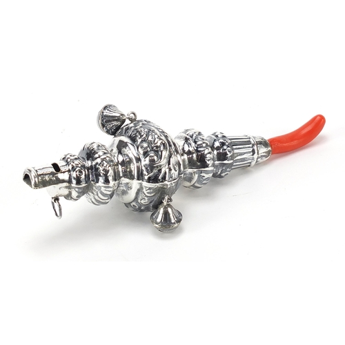 2210 - Victorian design 800 silver babies rattle with whistle, 15cm in length