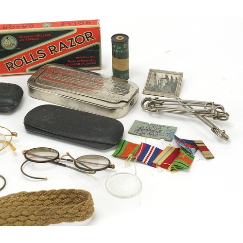 1392 - Objects to include yellow metal vintage spectacles, Rolls razor, medal and ribbons, the largest 15cm... 