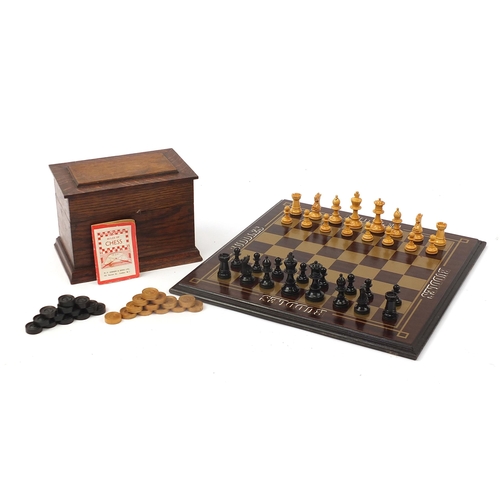 364 - Staunton pattern chess set and draughts with board, the largest pieces each 7cm high, the board 40cm... 