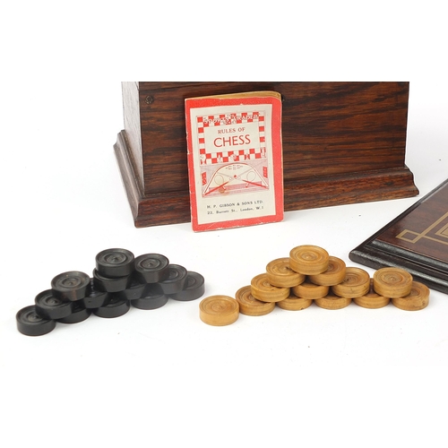 364 - Staunton pattern chess set and draughts with board, the largest pieces each 7cm high, the board 40cm... 