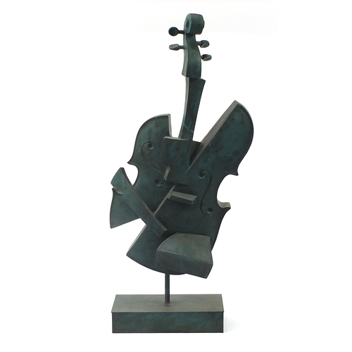 204 - Large modernist patinated bronze floor standing sculpture of a double base, 99cm high