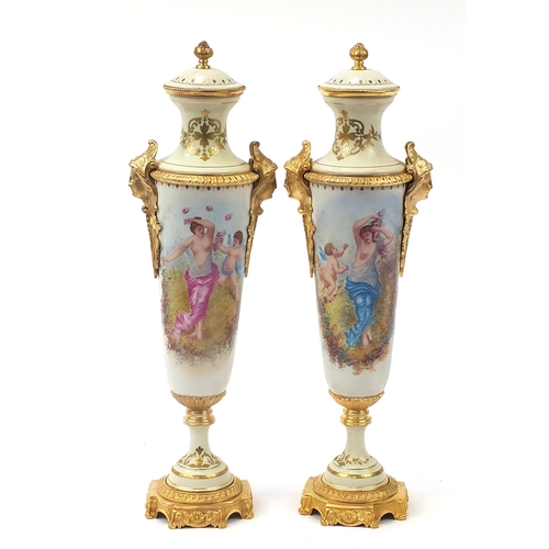 433 - Large pair of French porcelain vases and covers with gilt bronze mounts in the style of Sevres, each... 