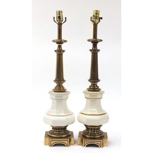 431 - Pair of porcelain and brass Stiffel design table lamps, each 69cm high