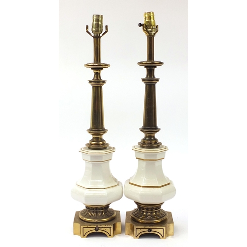 431 - Pair of porcelain and brass Stiffel design table lamps, each 69cm high