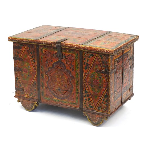 1458 - Indian metal bound chest hand painted with flowers, 66cm H x 96cm W x 54cm D