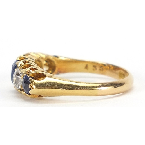 1603 - Victorian 18ct gold sapphire and diamond five stone ring, the central sapphire approximately 4.8mm x... 