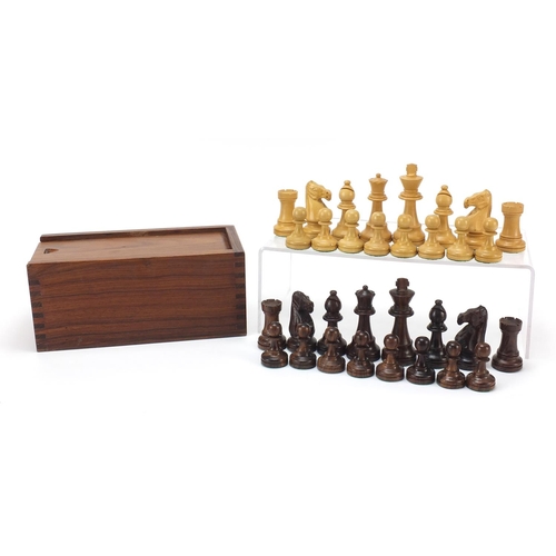 358 - Carved hardwood Staunton pattern chess set with case, the largest pieces each 9.5cm high