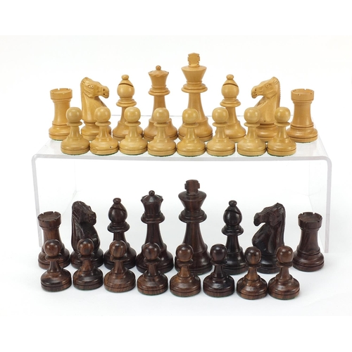 358 - Carved hardwood Staunton pattern chess set with case, the largest pieces each 9.5cm high