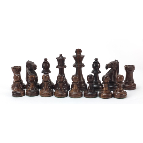 358 - Carved hardwood Staunton pattern chess set with case, the largest pieces each 9.5cm high