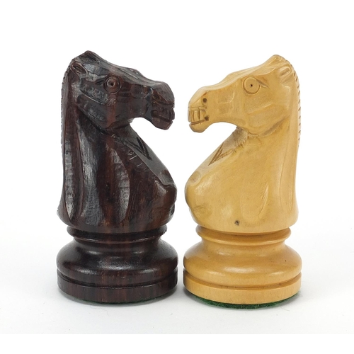 358 - Carved hardwood Staunton pattern chess set with case, the largest pieces each 9.5cm high