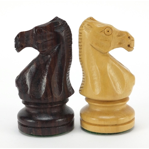 358 - Carved hardwood Staunton pattern chess set with case, the largest pieces each 9.5cm high